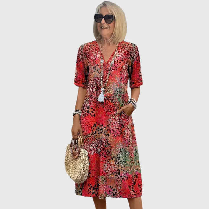 Women's Boho Floral Print Midi Dress V-Neck Short Sleeve Casual Summer