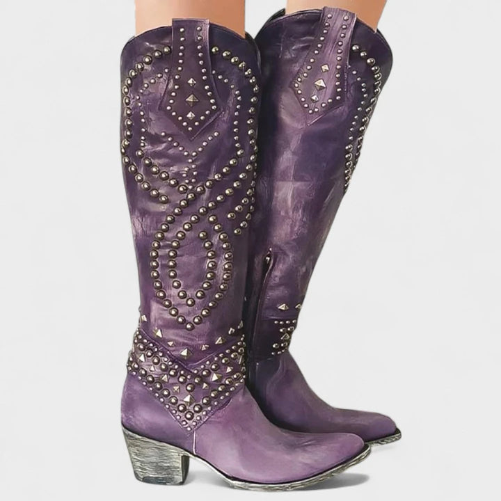 Women's Studded Knee High Western Boots Block Heel Pointed Toe Cowboy Boots