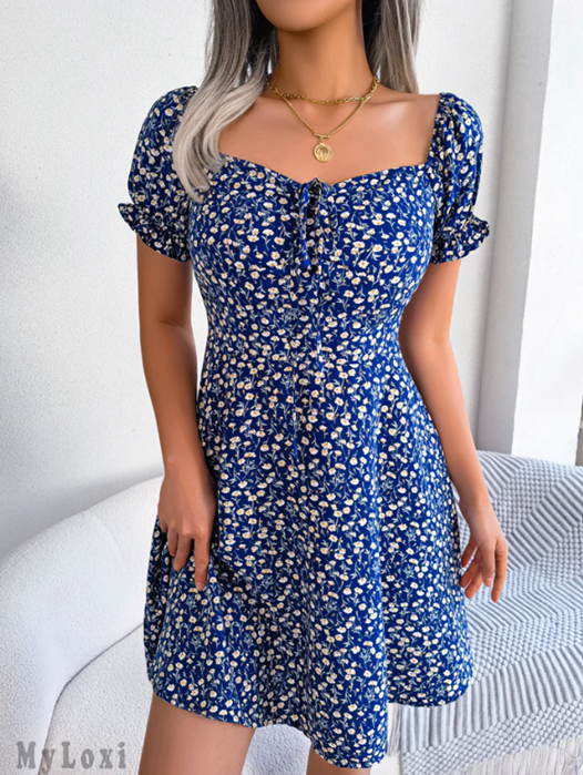 Floral Mini Dress - Square Neck Puff Sleeve
