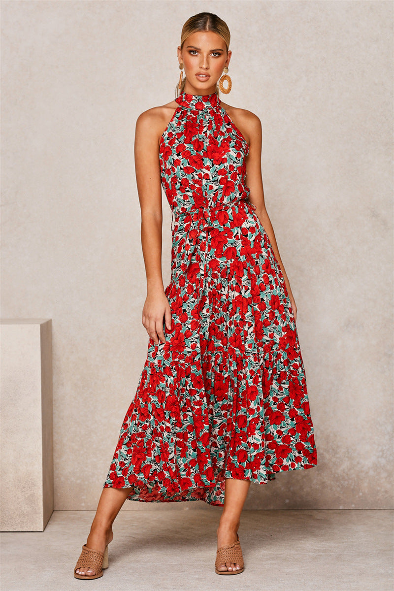 Halter Maxi Dress - Tiered Belted Sleeveless