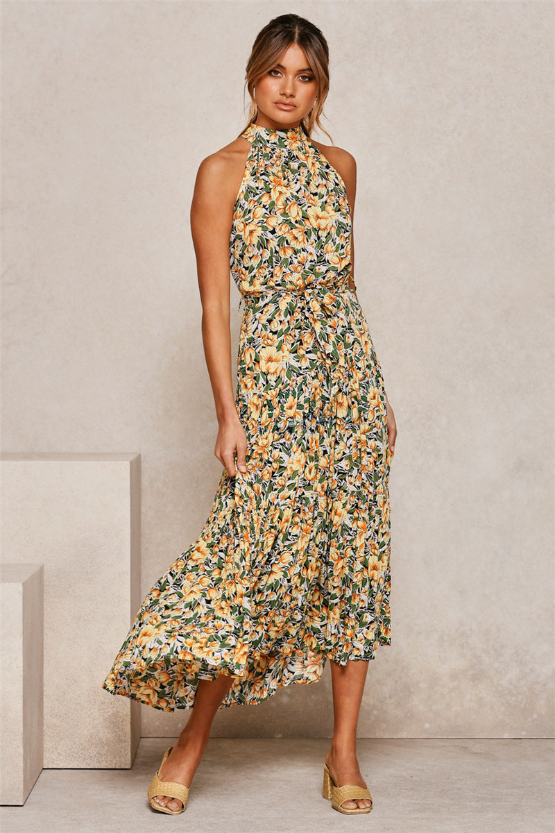 Halter Maxi Dress - Tiered Belted Sleeveless