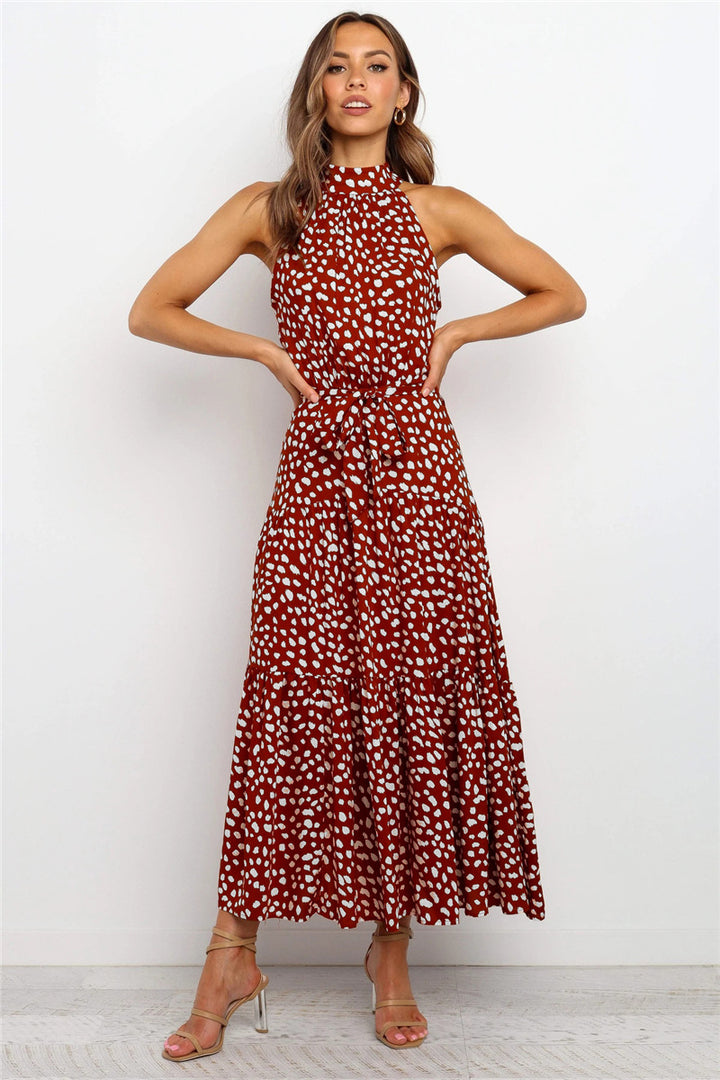 Halter Maxi Dress - Tiered Belted Sleeveless