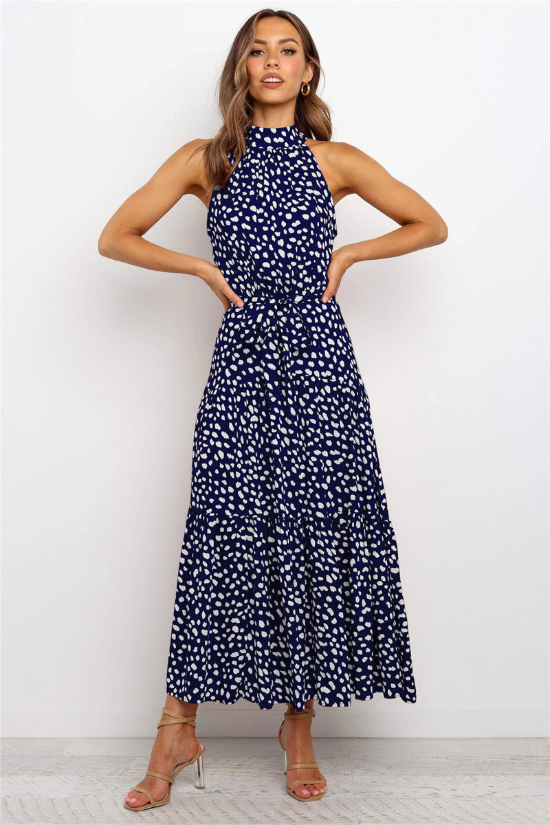 Halter Maxi Dress - Tiered Belted Sleeveless