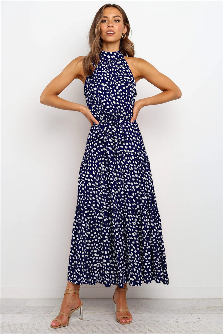 Halter Maxi Dress - Tiered Belted Sleeveless