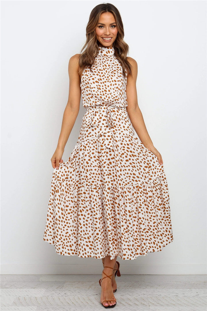 Halter Maxi Dress - Tiered Belted Sleeveless
