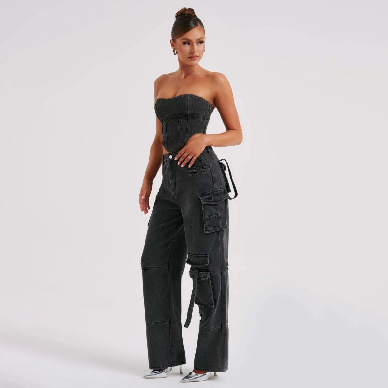 Denim Cargo Pants Set - Strapless Corset Top Two Piece Jumpsuit
