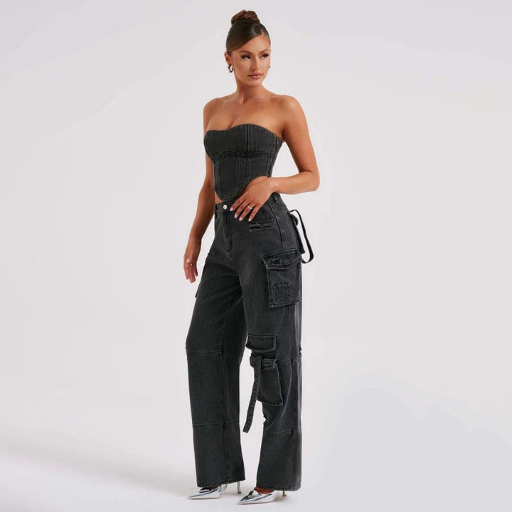Denim Cargo Pants Set - Strapless Corset Top Two Piece Jumpsuit