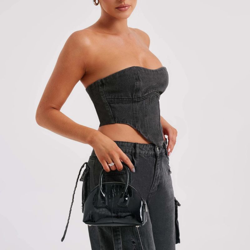 Denim Cargo Pants Set - Strapless Corset Top Two Piece Jumpsuit