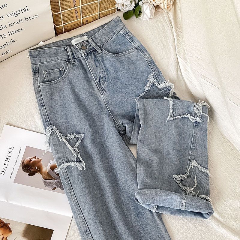 Star Patch Wide Leg Jeans - High Waisted Baggy Denim Pants