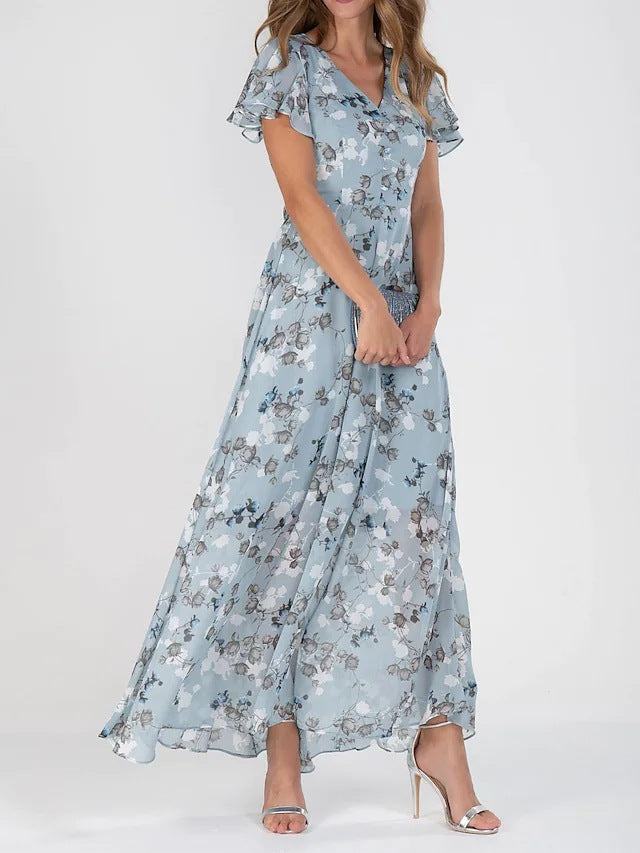 Floral Maxi Dress - V Neck Flutter Sleeve Smocked