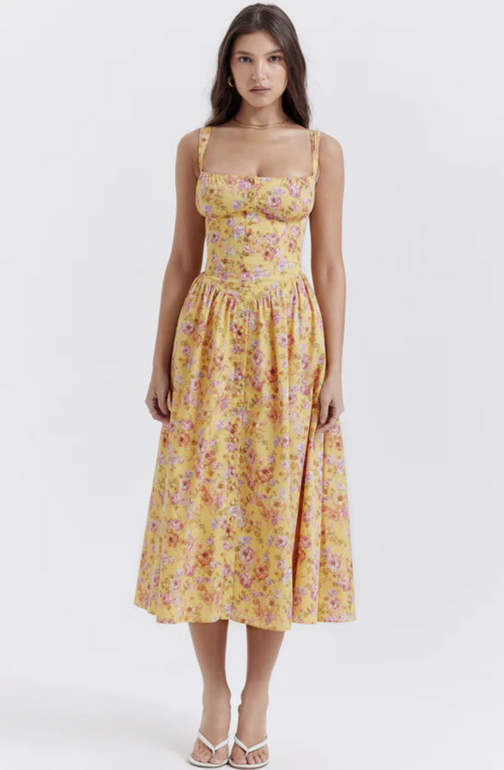 Floral Midi Dress - Bustier Corset Sweetheart