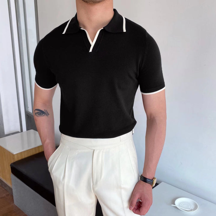 Knit Polo Shirt Men - Contrast Trim Johnny Collar Slim Fit Summer Top