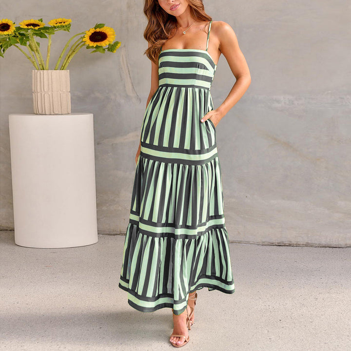 Striped Maxi Dress - Square Neck Tiered Cami