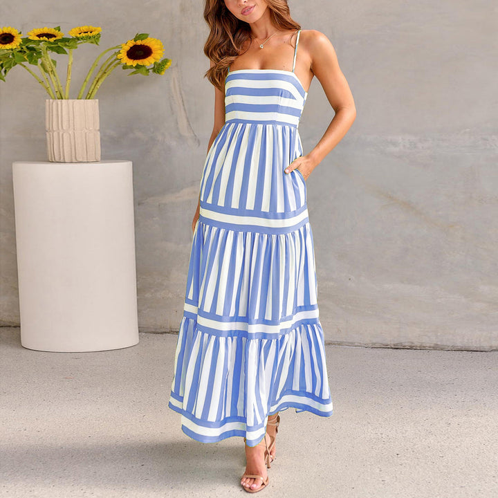 Striped Maxi Dress - Square Neck Tiered Cami