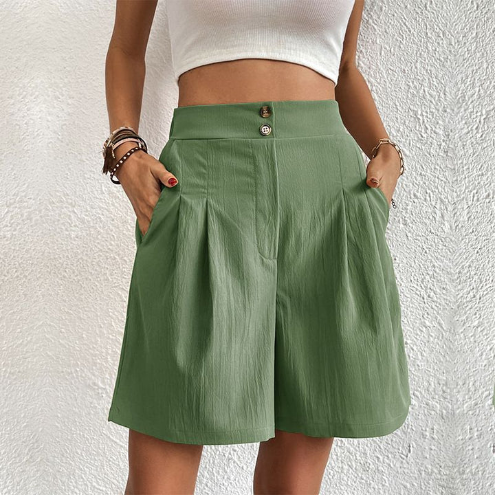 Pleated Bermuda Shorts Women - High Waisted Cotton Wide Leg
