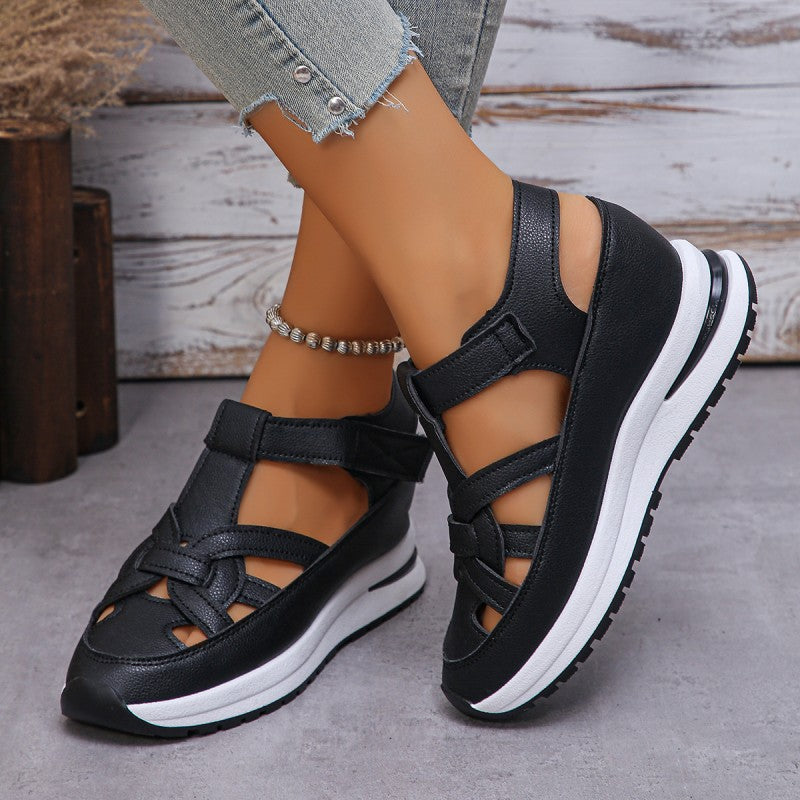 Women's Platform Velcro Sandals Closed Toe Chunky Sole Cut Out Casual Summer