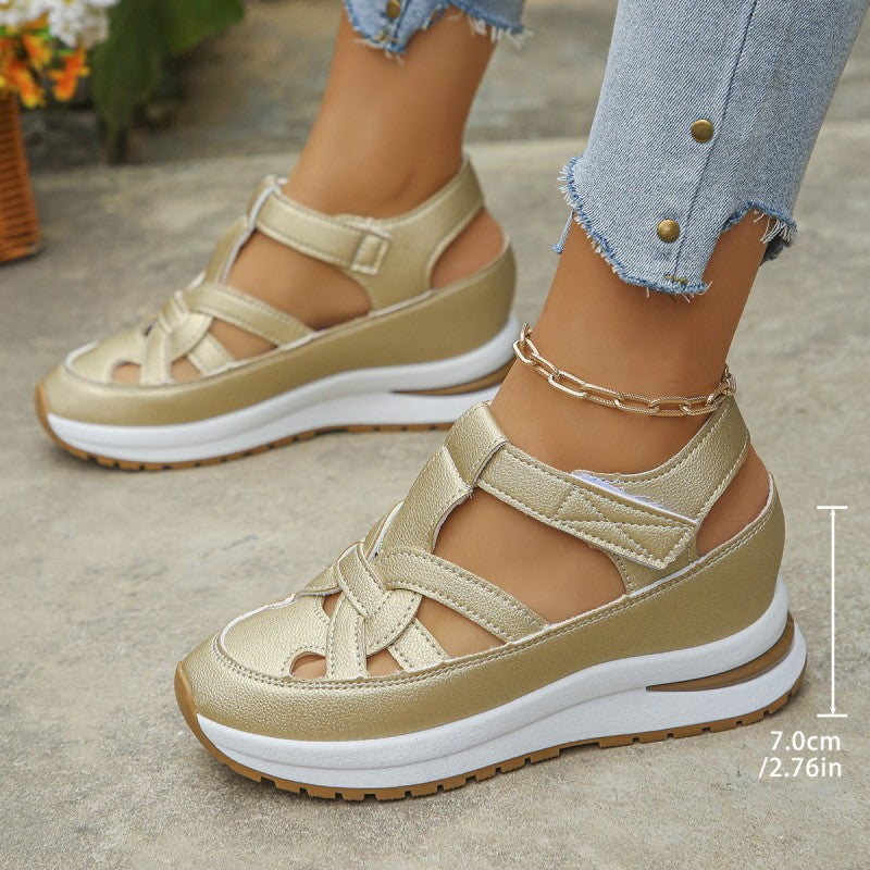 Women's Platform Velcro Sandals Closed Toe Chunky Sole Cut Out Casual Summer