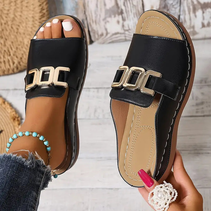 Women's Wedge Slide Sandals Open Toe Gold Buckle Detail Comfort Summer