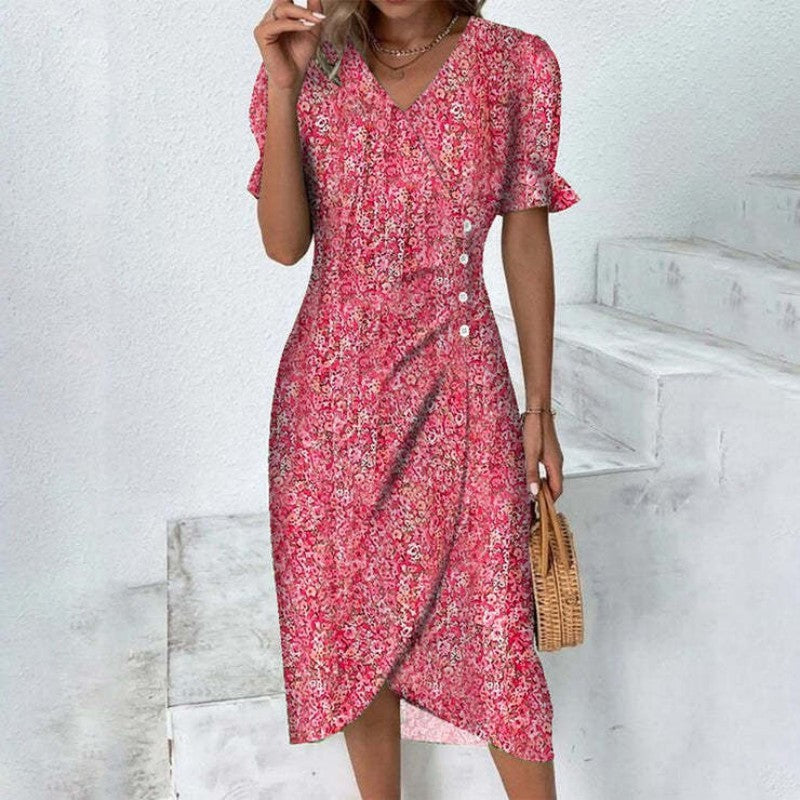 Floral Midi Dress - V Neck Wrap Button Front