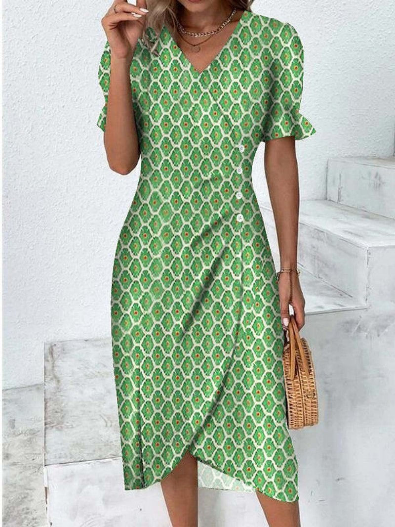 Floral Midi Dress - V Neck Wrap Button Front