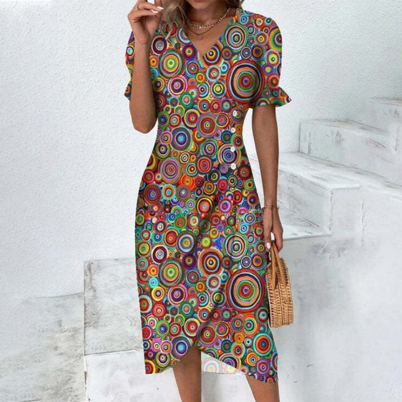 Floral Midi Dress - V Neck Wrap Button Front