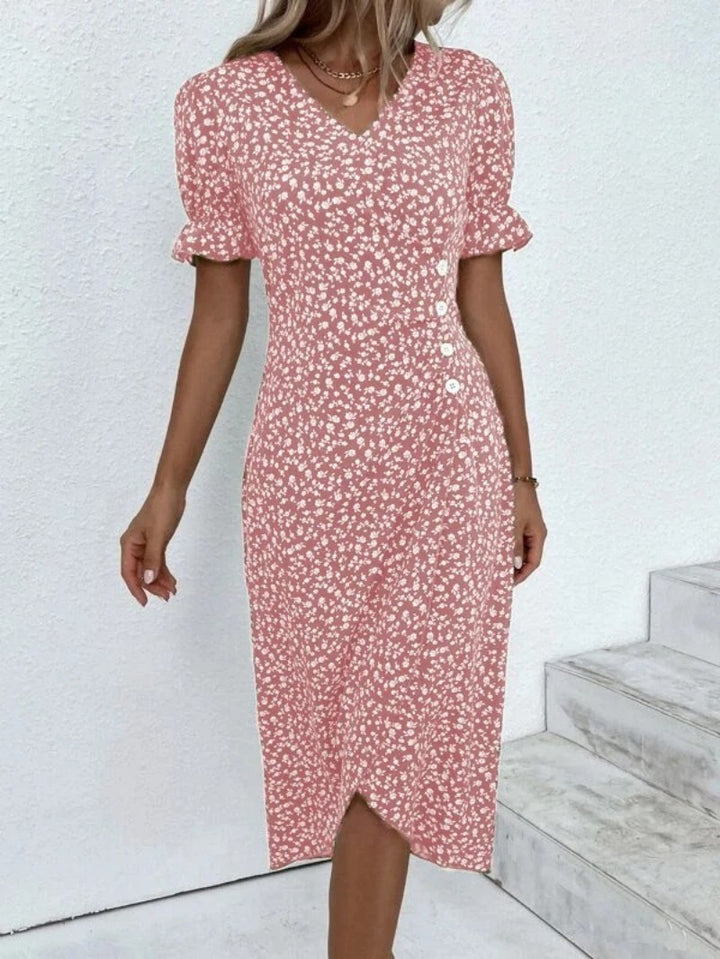 Floral Midi Dress - V Neck Wrap Button Front