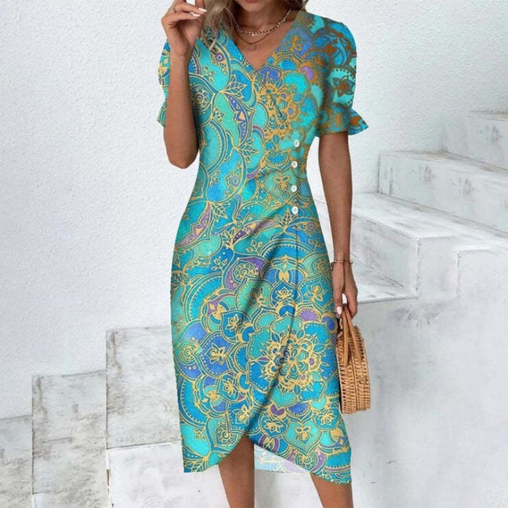 Floral Midi Dress - V Neck Wrap Button Front