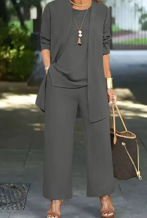 Women's Three Piece Trouser Suit Set Longline Cardigan Wide Leg Smart Casual
