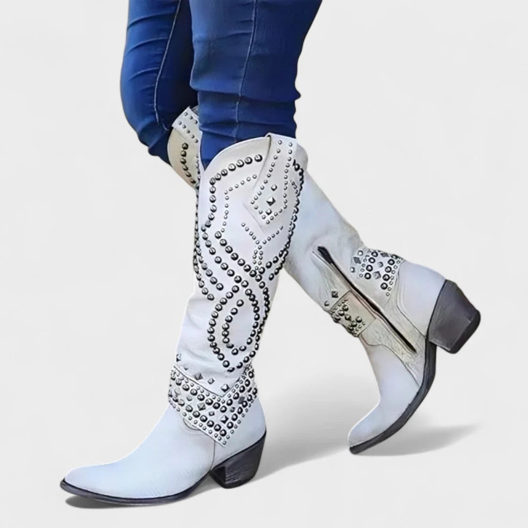 Women's Studded Knee High Western Boots Block Heel Pointed Toe Cowboy Boots