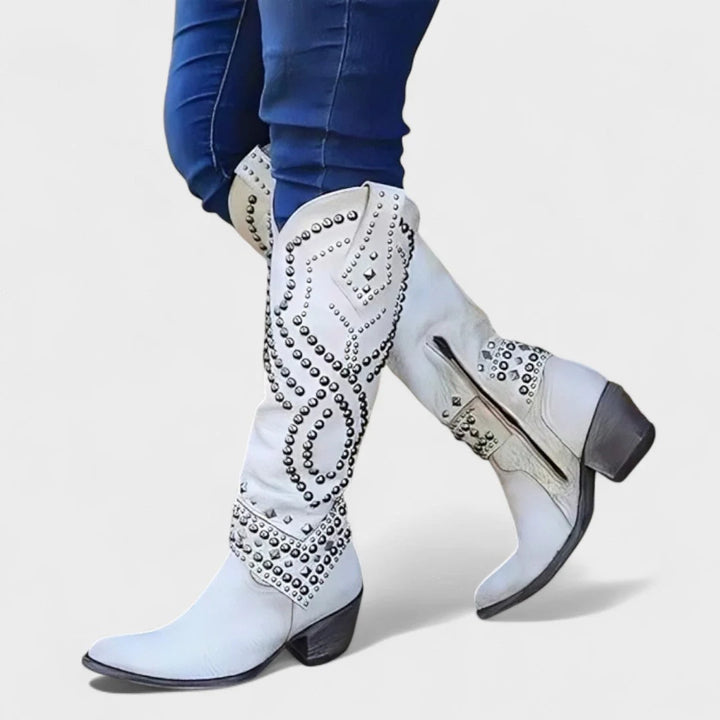Women's Studded Knee High Western Boots Block Heel Pointed Toe Cowboy Boots