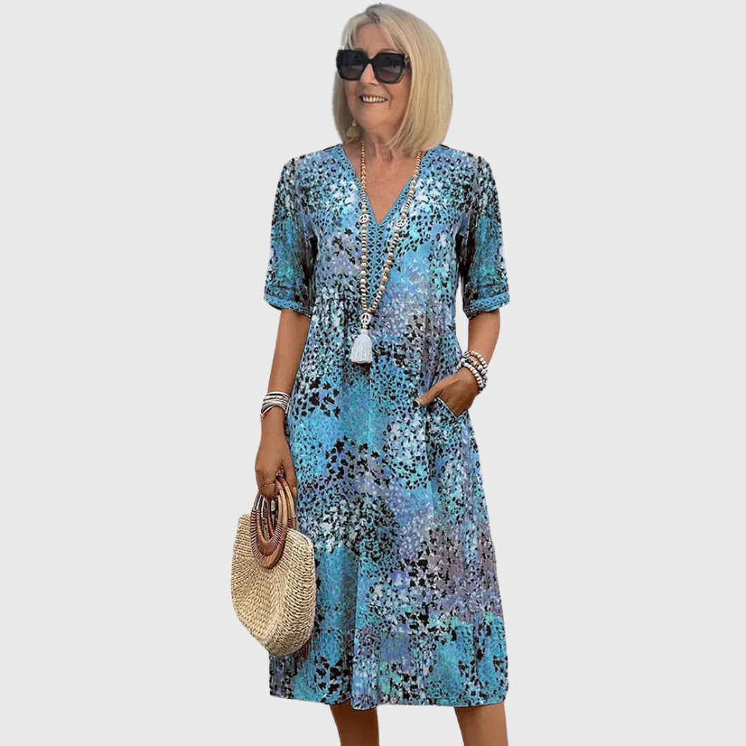 Women's Boho Floral Print Midi Dress V-Neck Short Sleeve Casual Summer