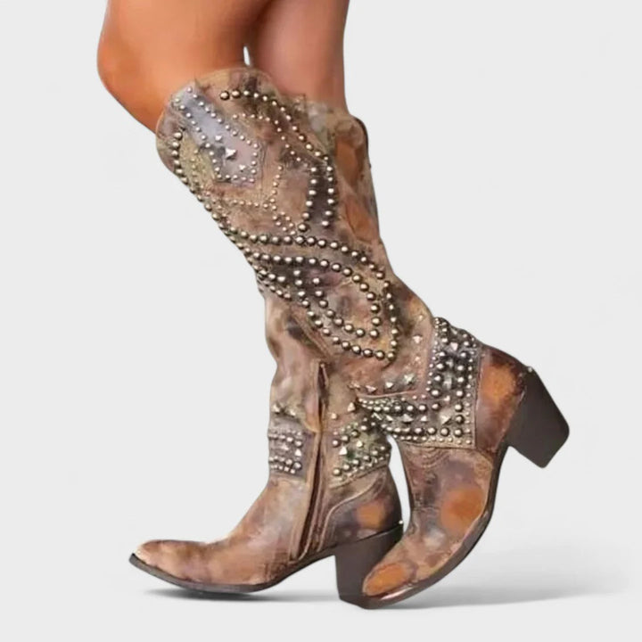 Women's Studded Knee High Western Boots Block Heel Pointed Toe Cowboy Boots