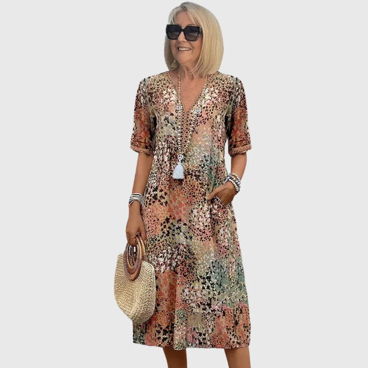 Women's Boho Floral Print Midi Dress V-Neck Short Sleeve Casual Summer