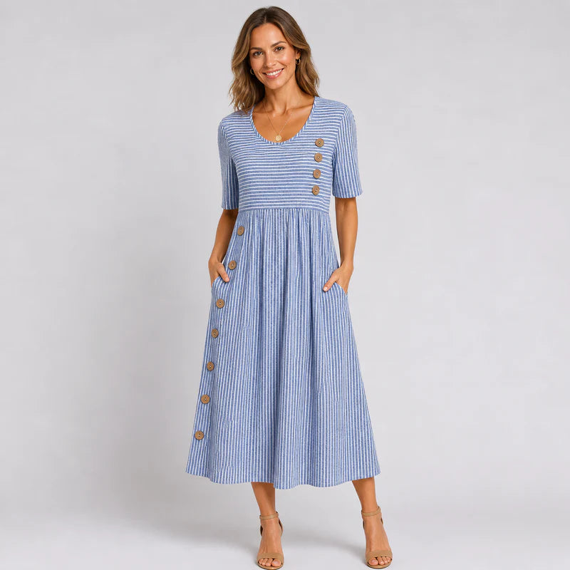 Women's Striped Midi Dress Short Sleeve Button Detail A-Line Casual Summer