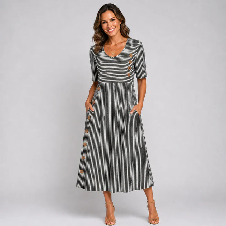 Women's Striped Midi Dress Short Sleeve Button Detail A-Line Casual Summer