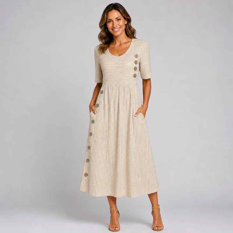 Women's Striped Midi Dress Short Sleeve Button Detail A-Line Casual Summer