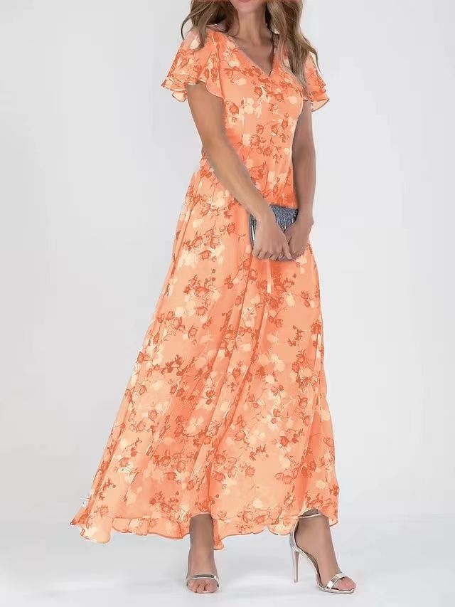 Women's Floral Chiffon Maxi Dress Flutter Sleeve V-Neck Wedding Guest