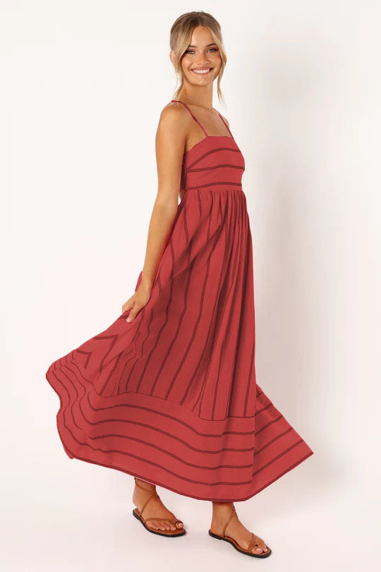 Striped Maxi Dress - Square Neck Tie Back Cotton Summer Dress