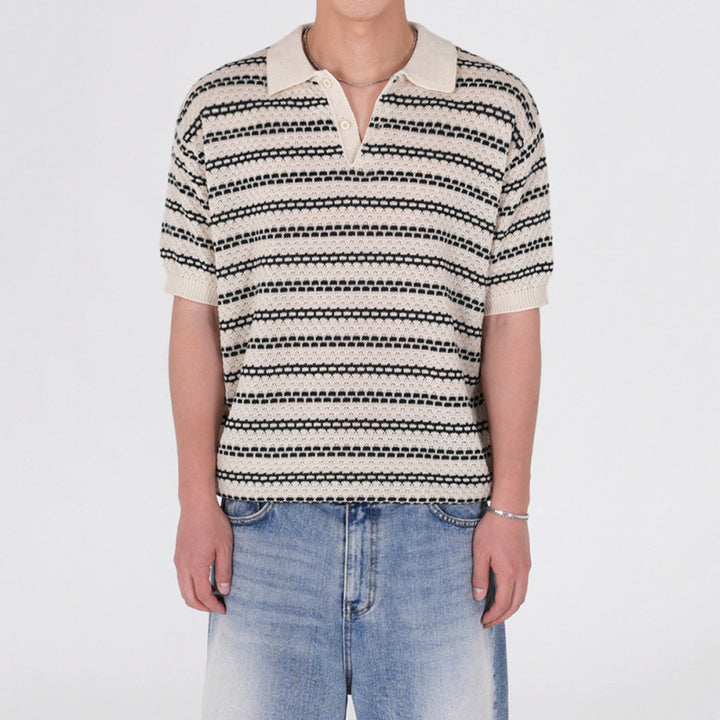 Mens Crochet Polo Shirt - Striped Knit Short Sleeve