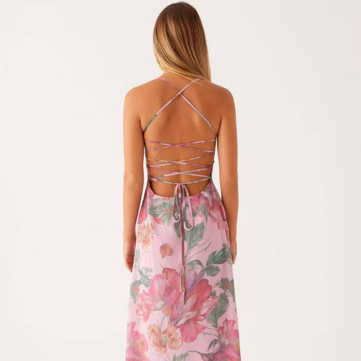 Floral Maxi Dress Women - Backless Lace Up Bodycon Summer Dress