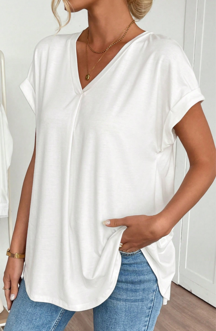 Open Back Top - Pleated Split Short Sleeve Tee
