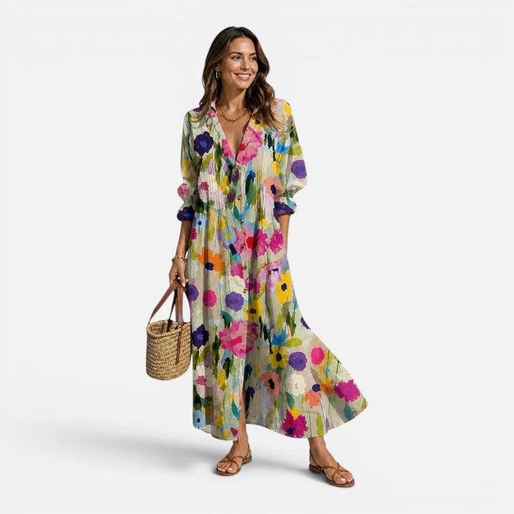 Women's Floral Print Maxi Dress Long Sleeve Button Front V-Neck Boho