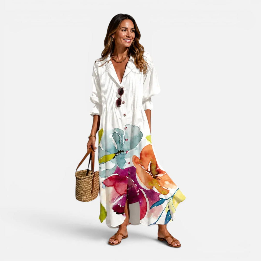 Women's Floral Print Maxi Dress Long Sleeve Button Front V-Neck Boho