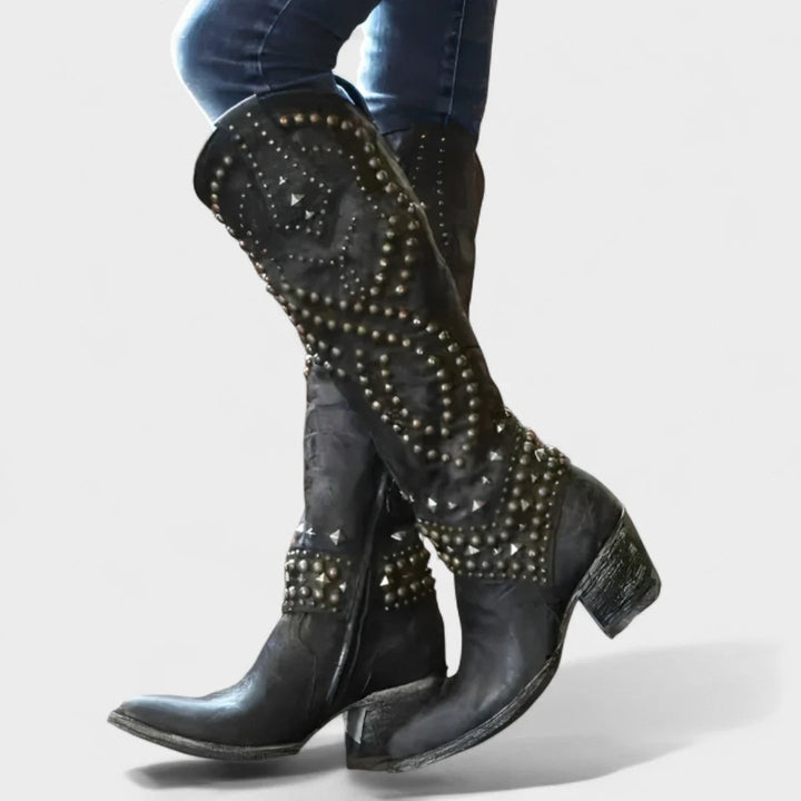 Women's Studded Knee High Western Boots Block Heel Pointed Toe Cowboy Boots