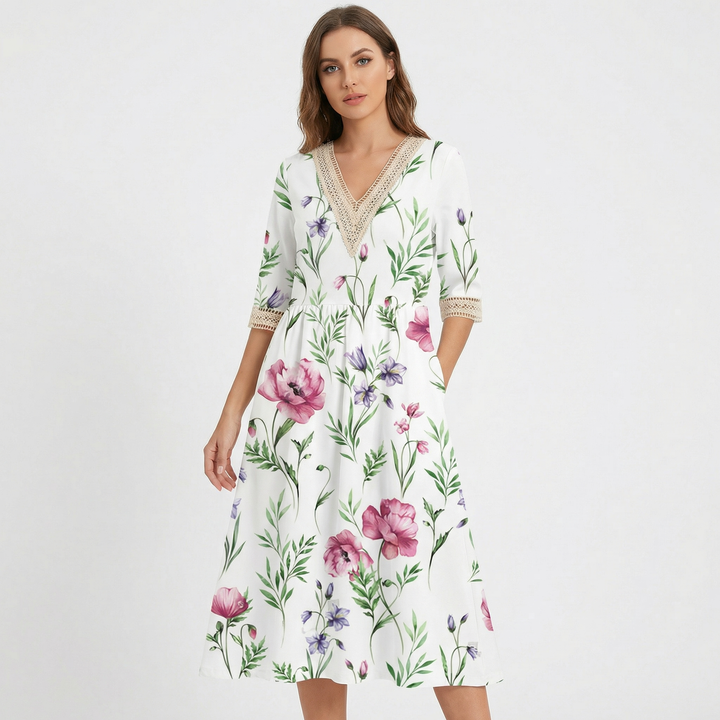 Floral Midi Dress - Lace Trim V Neck Half Sleeve Summer Dress with Pockets