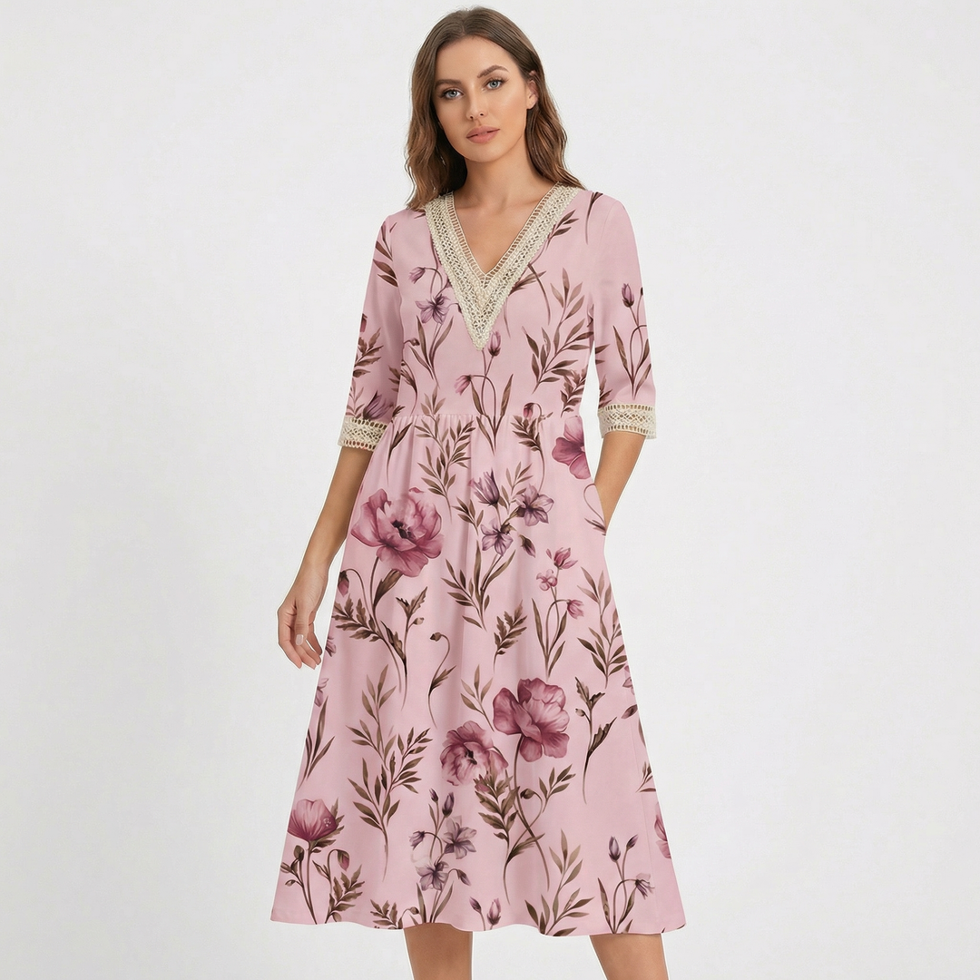 Floral Midi Dress - Lace Trim V Neck Half Sleeve Summer Dress with Pockets