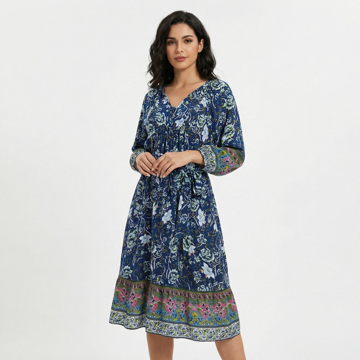 Boho Midi Dress Women - Long Sleeve Floral Print Tie Neck Summer Dress with Belt