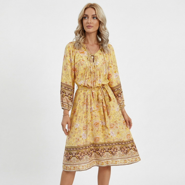 Boho Midi Dress Women - Long Sleeve Floral Print Tie Neck Summer Dress with Belt