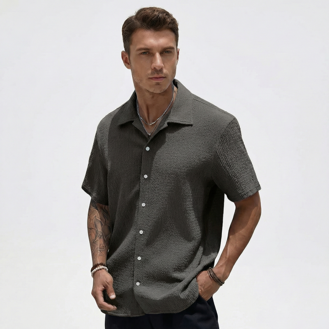 Ribbed Short Sleeve Button Down Shirt - Camp Collar Summer Shirt