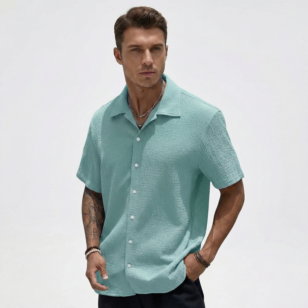 Ribbed Short Sleeve Button Down Shirt - Camp Collar Summer Shirt